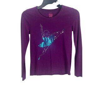 Faded Glory Girls Purple Long-Sleeve Shirt With Blue Sequin Ballerina Design L